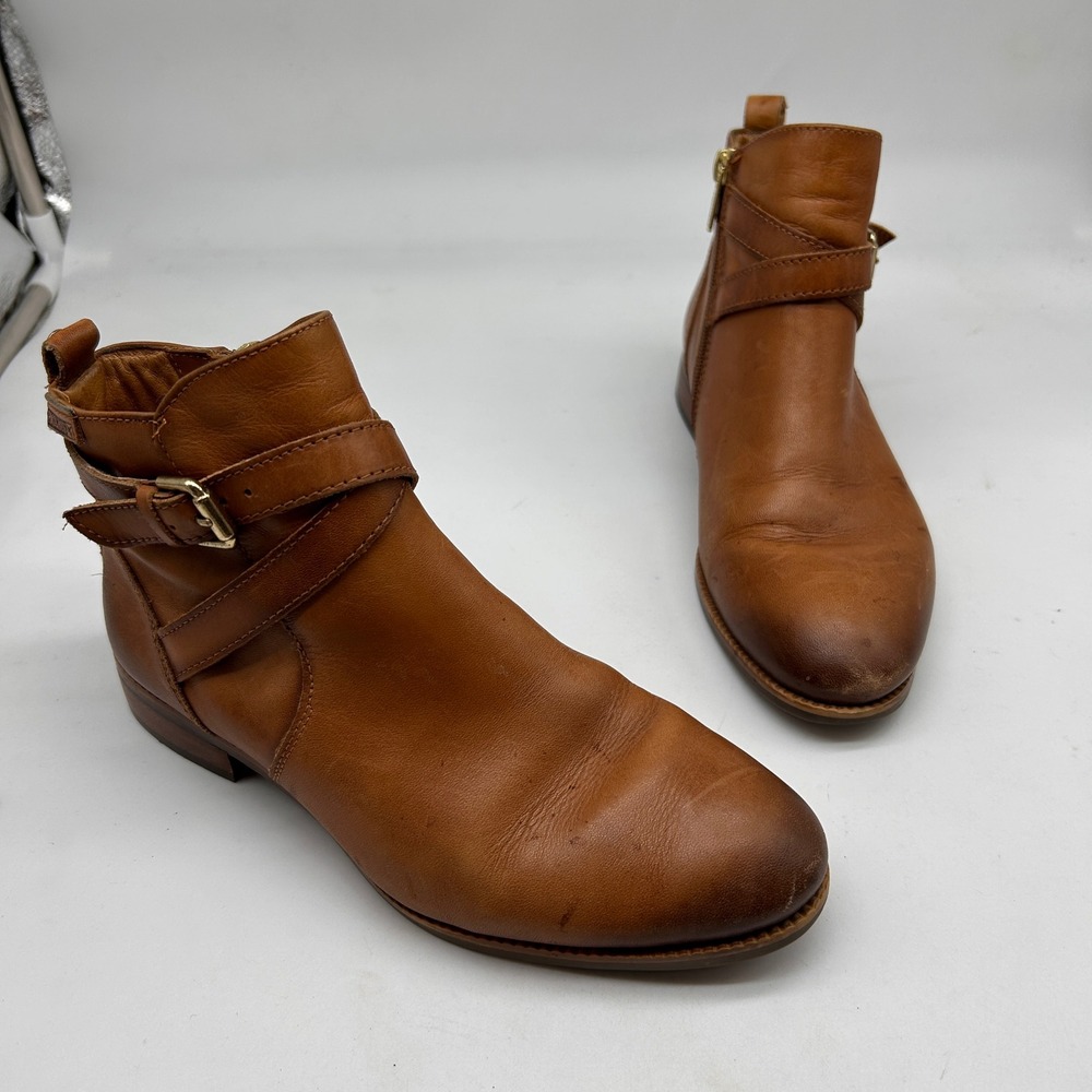 Pikolinos Puertollano Brandy Leather Ankle Boots Buckle‎ Strap Side Zip EU 36